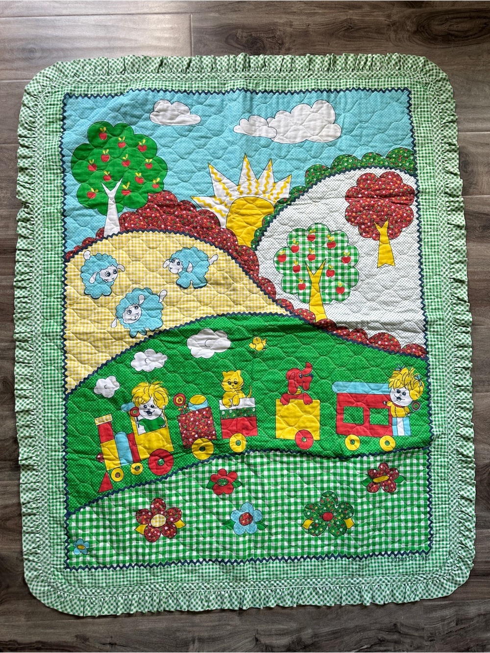 Vintage Baby Blanket Play Quilt Retro Country Side Scene Blanket 70s Gingham